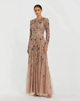 Long Sleeve Floral Embellished A-line Gown