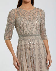 Beige 3/4 Sleeve Embellished A-line Gown