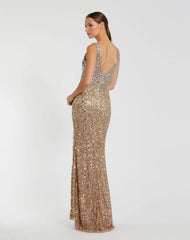 Gold Sequined Sleeveless V Neck Side Slit Gown