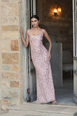 Pink Sequined Low Back Slip Gown