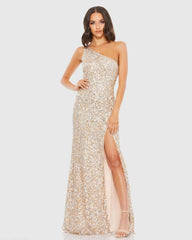 Sequined One Shoulder Gown With Slit