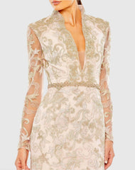 Pink Queen Anne Lace Long Sleeve V-Neck Trumpet Gown