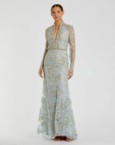 Beaded Queen Anne Lace Long Sleeve V-neck Trumpet Gown
