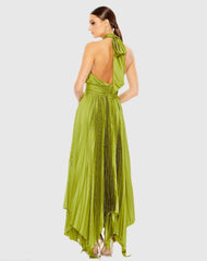 Green Pleated Halter Neck Asymmetrical Hem Gown