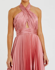 Pink Pleated Halter Neck Asymmetrical Hem Gown - FINAL SALE