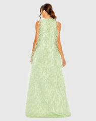 Green Sleeveless Feather Embellished Trapeze Gown