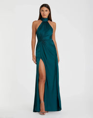 Open Back High Neck Side Ruched Gown