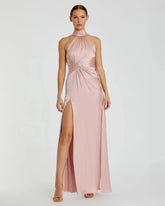 Pink Open Back High Neck Side Ruched Gown
