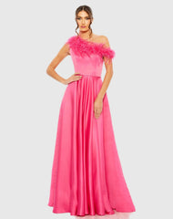 One Shoulder A Line Gown With Feather Detail