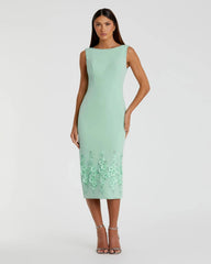 Green Crepe Sleeveless Midi Dress With Flower Beading