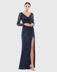 Long Sleeve Ruched Sequined V-Neck Gown