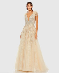 Beige Embellished Feathered Sleeveless A Line Gown