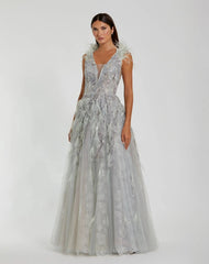 Green Embellished Feathered Sleeveless A Line Gown