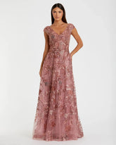 Pink Embroidered Illusion Cap Sleeve A Line Gown