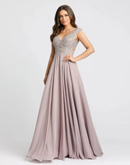 Applique Cap Sleeve Bodice Flowy Gown