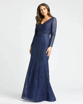 Navy Embroidered Long Sleeve V Neck Trumpet Gown