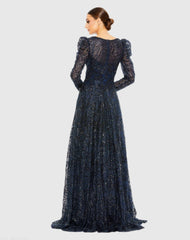 Navy Embellished V Neck Long Sleeve A Line Gown
