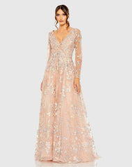 Embroidered Lace Wrap Over Illusion Long Sleeve A Line Gown