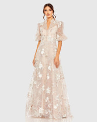 Pink Queen Anne Puff Sleeve A-Line Gown