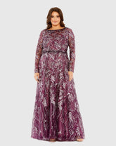 Purple Long Sleeve High Neck Embroidered Gown