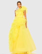 Yellow Tulle Ruffled One Shoulder Gown