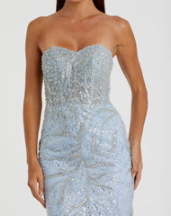 Blue Strapless Embellished Trumpet Gown