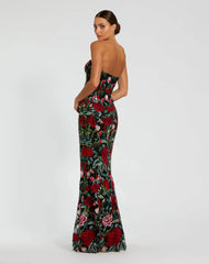 Black Sheer Bustier Top Floral Applique Gown