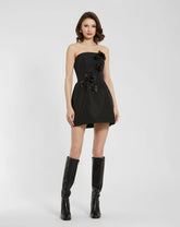 Black Faille Strapless Mini Dress With 3D Flower Details