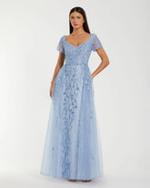 Blue Embroidered Beaded A-Line Gown with Overskirt