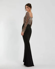 Black Beaded Square Neck Long Sleeve Jersey Gown