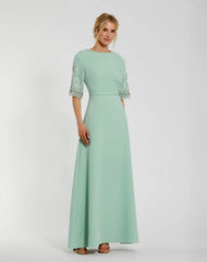 Crepe A Line Gown With Beaded 3/4 Sleeves