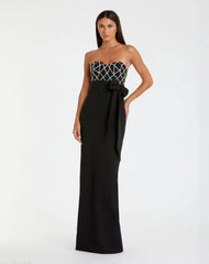 Black Embellished Strapless Bustier With Bow Crepe Gown