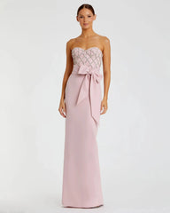 Pink Strapless Crepe Embellished Bustier Gown With Bow