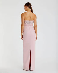Pink Strapless Crepe Embellished Bustier Gown With Bow