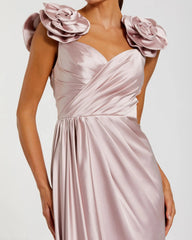 Pink Faux Wrap Satin Gown With 3D Flower Straps
