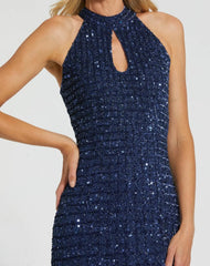 Blue Embellished Halter Neck Keyhole Gown