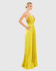 Green Pleated Plunge Neck Wide Leg Jumpsuit