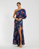 One Sleeve Floral Print Charmeuse Gown With Slit
