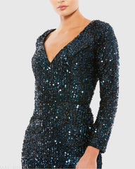 Navy Long Sleeve Sequined Gown