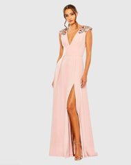 Pink Beaded Cap Sleeve V Neck A Line Gown