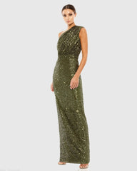 Dark Green Sequined Ruched One Shoulder Gown