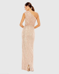 Pink Sequined Ruched One Shoulder Gown