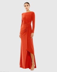 Orange Ruched Long Sleeve Cowl Neck Gown