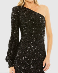 Black Sequined One Shoulder Bishop Sleeve Trumpet Gown