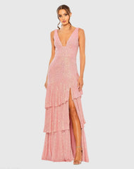 Pink Sequin Asymmetrical Ruffle Tiered Gown