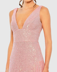 Pink Sequin Asymmetrical Ruffle Tiered Gown