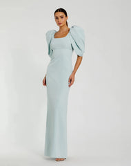 Fitted Crepe Scoop Neck Gown With Puff Sleeves