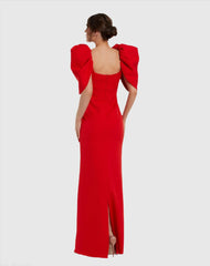 Red Fitted Crepe Square Neck Gown With Puff Sleeves