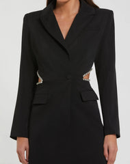 Black Crepe Blazer Rhinestone Trim Mini Dress