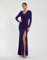 Purple Long Sleeve Cowl Neck Jersey Gown With Slit